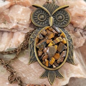 Vintage Looking Handmade Owl Pendant Necklace With Tiger Eye Chips